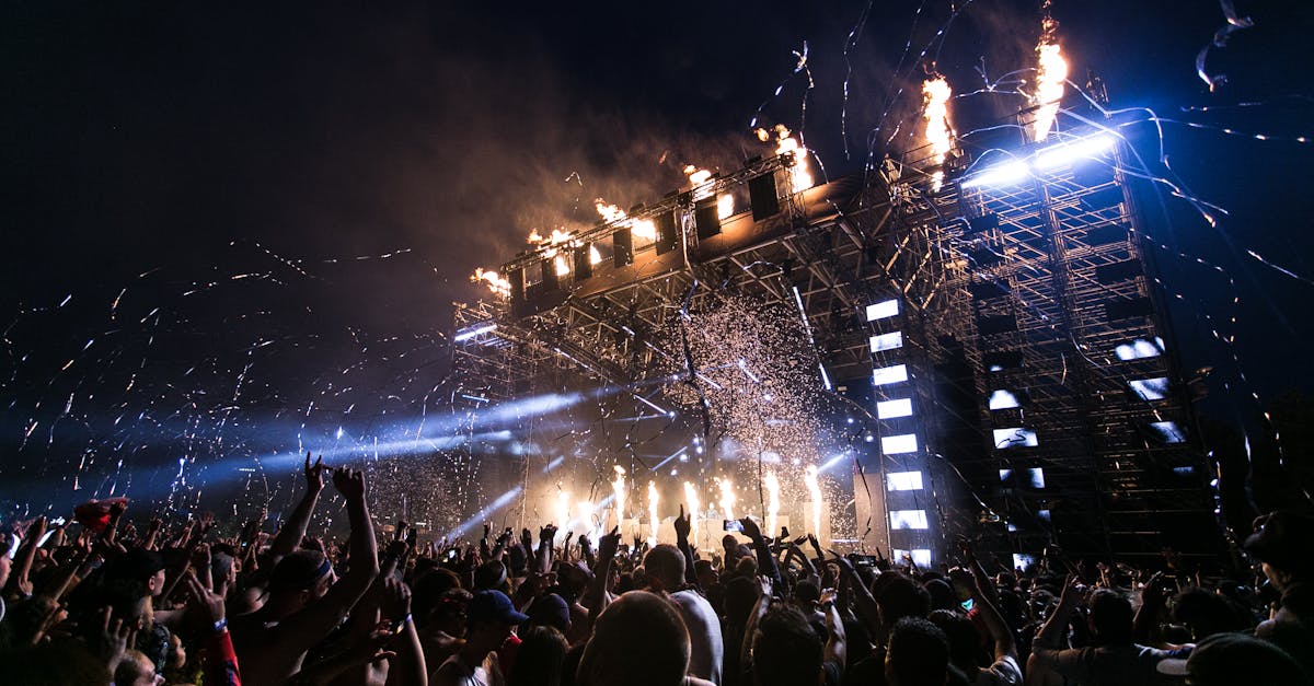 Vibrant concert scene with crowd enjoying night festival and dynamic stage fireworks.