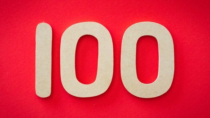 Close-up of numeral 100 in beige on a bright red background, emphasizing celebration.