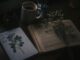 Moody still life of vintage book, coffee mug, and dried flowers on a dark wooden table.