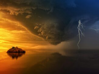 A stunning display of a stormy sunset with lightning striking over a solitary island.
