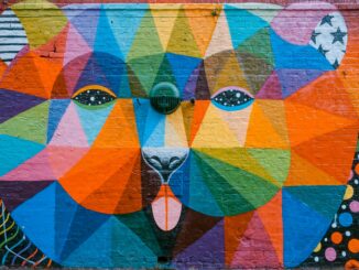 Vibrant geometric mural of a bear on a brick wall in London, showcasing diverse colors and artistic flair.