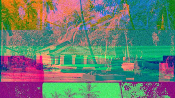 A vibrant abstract image featuring a house with palm trees and colorful effects.