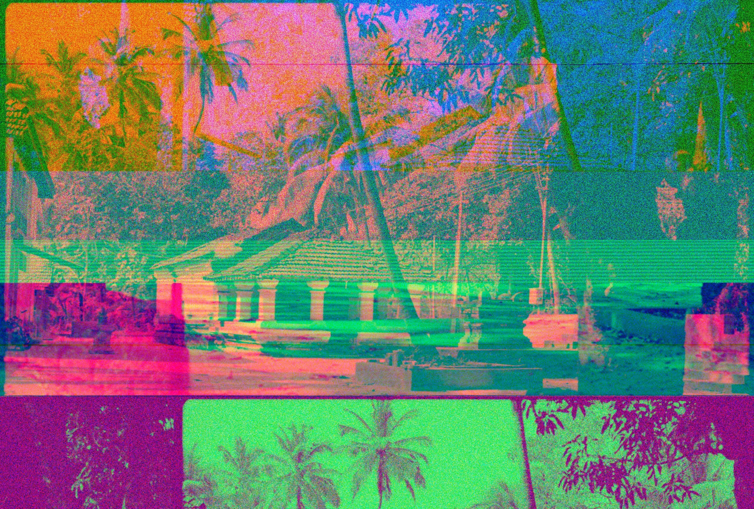 A vibrant abstract image featuring a house with palm trees and colorful effects.