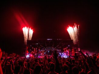 Thrilling concert scene with fireworks and vibrant crowd at night.