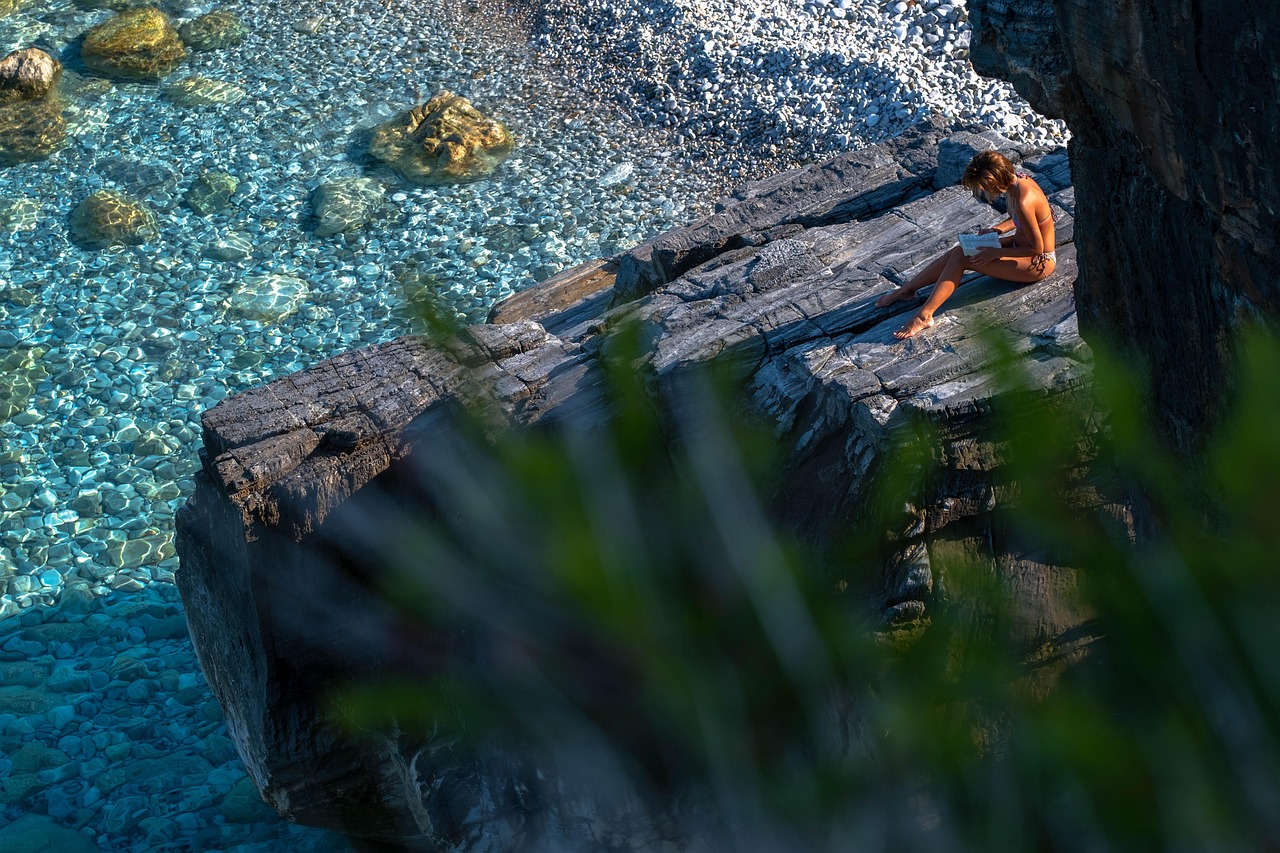 woman, read, book, rock, beach, reading, literature, sea, water, novel, learning, romantic, bikini, nature, single