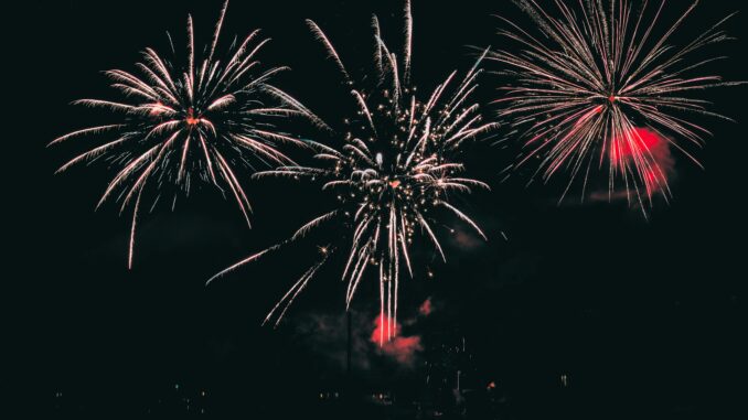 Vibrant fireworks illuminating the night sky with colorful bursts.