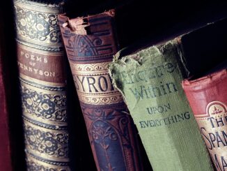 Close-up of vintage leather-bound books with ornate designs on a bookshelf.