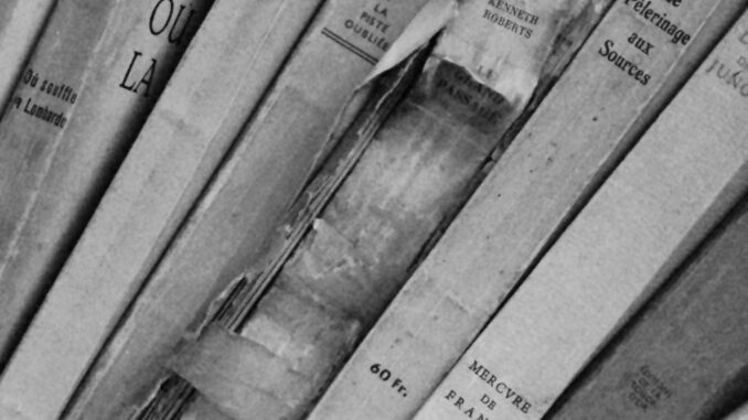 Close-up of vintage books in a monochrome library, showcasing aged book spines and classic typography.