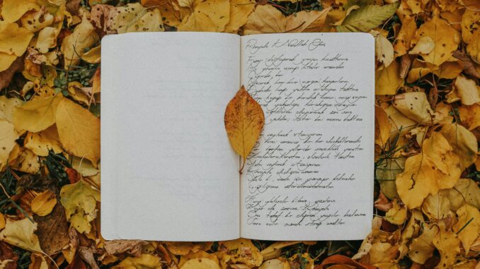 Open notebook with handwritten script surrounded by vibrant autumn leaves, offering a cozy and creative vibe.