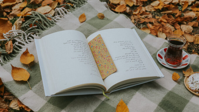 Cozy autumn picnic setting with an open book, tea, and blanket among fallen leaves.