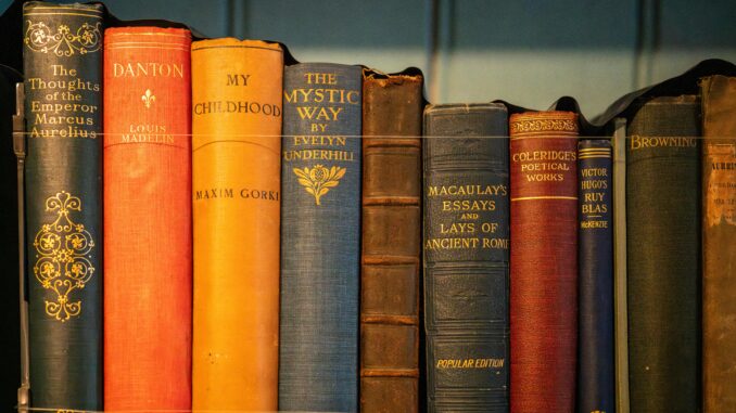 A row of vintage hardcover books with elegant bindings and classic literature titles.