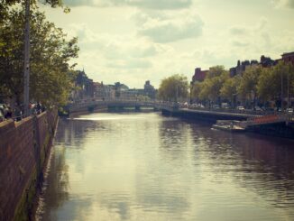 Tranquil city canal scene capturing historic bridge and tree-lined streets under a cloudy sky
