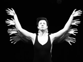 Black and white surreal stage performance featuring a performer with multiple hands.