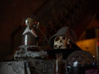Eerie still life with a skull and decor for a spooky Halloween atmosphere.