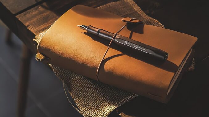 book, pen, notebook, diary, desk, writing, office, table, note, creative, brown book