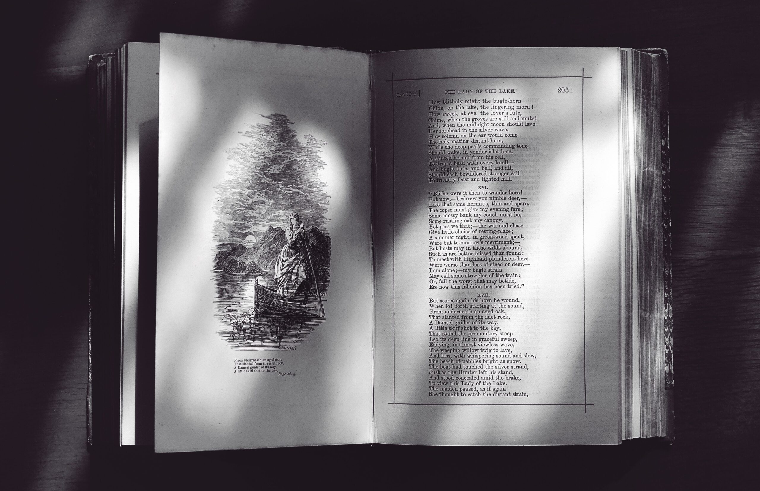 A black and white photo of an open book displaying text and an illustration.