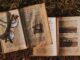 Top view paged of worn out textbooks with pictures and letters placed on grassy ground with eyeglasses in rural area