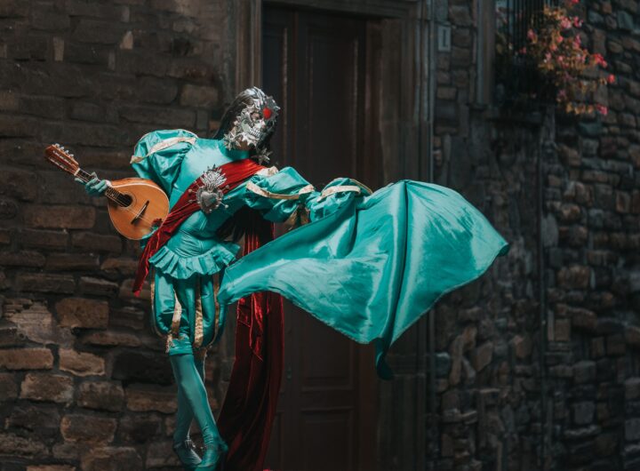 Colorful costumed performer brings Venice carnival charm with a ukulele on a cobblestone street.